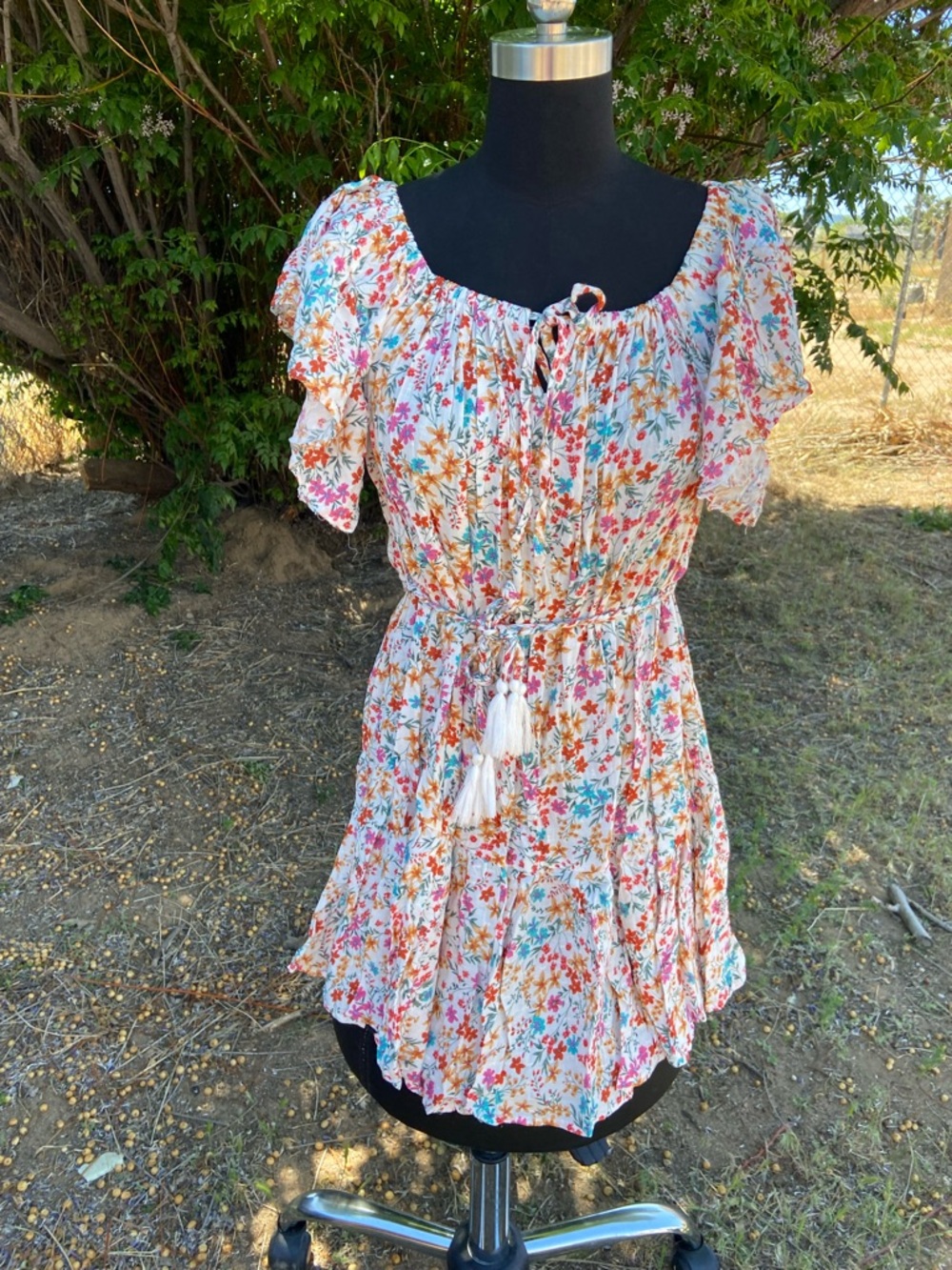 LoveShackFancy White Floral Tie-Front Mini Dress with Pink Trim